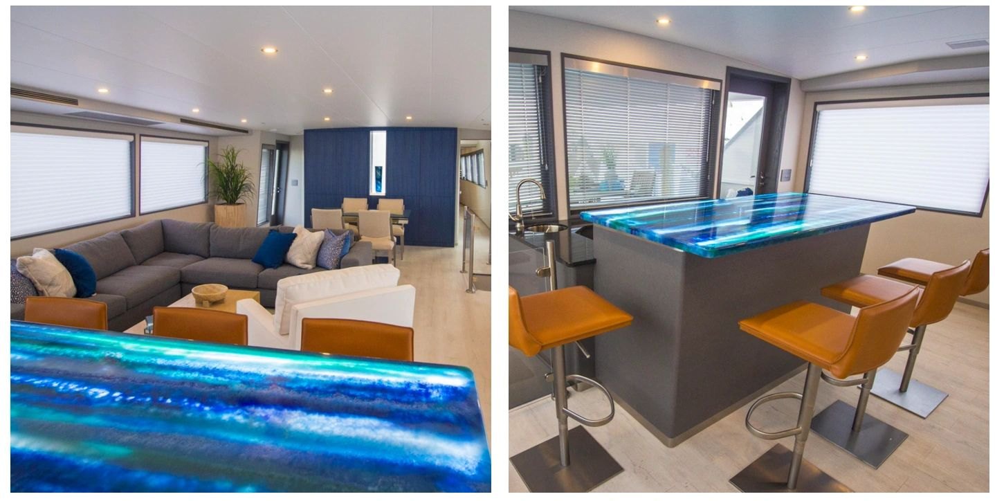 Refit salon and luminous blue resin bar on Exit Strategy