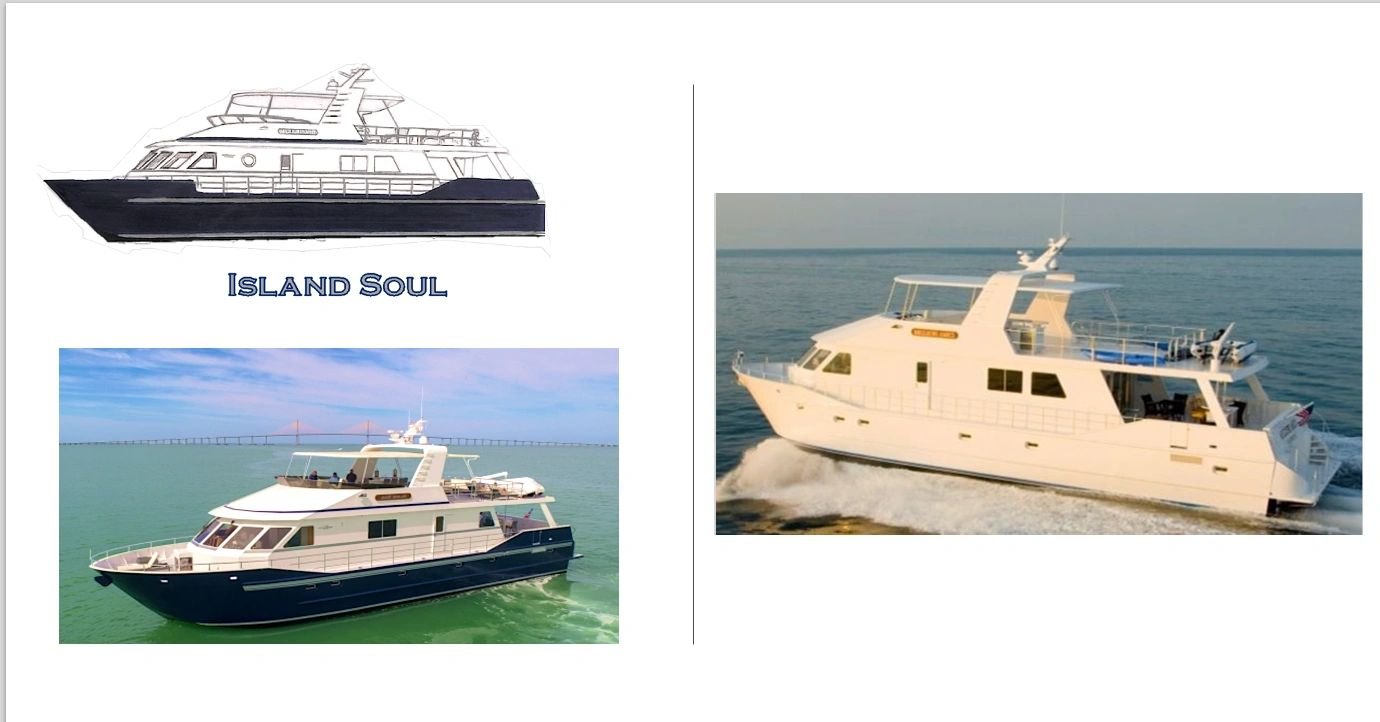 Island Soul paint study and completed navy-and-white yacht